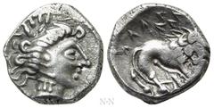 Celtic Coins WESTERN EUROPE. Gaul. Insubres. Drachm (1st century BC). Imitating Massalia. Obv: Female head right; wearing earring. Rev: Stylized lion right. LT 2146. Condition: Very fine. Weight: 3.40