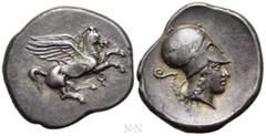 Greek Coins CORINTHIA. Corinth. Stater (Circa 400-375 BC). Obv: Pegasos flying right, koppa below. Rev: Head of Athena right, wearing Corinthian helmet; coiled serpent to left. Pegasi 222; BCD Corinth