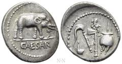Roman Republican Coins JULIUS CAESAR. Denarius (49 BC). Military mint traveling with Caesar. Obv: CAESAR. Elephant advancing right, trampling upon horned serpent. Rev: Emblems of the pontificate: simp