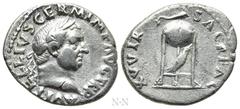 Roman Imperial Coins VITELLIUS (69). Denarius. Rome. Obv: A VITELLIVS GERM IMP AVG TR P. Laureate head right. Rev: XV VIR SACR FAC. Tripod surmounted by dolphin right; below, raven right. RIC² 109. Co