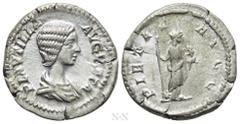 Roman Imperial Coins PLAUTILLA (Augusta, 202-205). Denarius. Rome. Obv: PLAVTILLA AVGVSTA. Draped bust right. Rev: PIETAS AVGG. Pietas standing right, holding sceptre and infant. RIC 367 (Caracalla). 