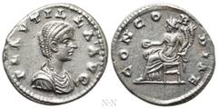 Roman Imperial Coins PLAUTILLA (Augusta, 202-205). Denarius. Laodicea ad Mare. Obv: PLAVTILLA AVG. Draped bust right. Rev: CONCORDIAE. Concordia seated left on throne, holding patera and double cornuc
