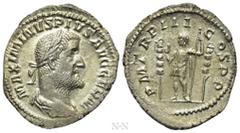 Roman Imperial Coins MAXIMINUS THRAX (235-238). Denarius. Rome. Obv: MAXIMINVS PIVS AVG GERM. Laureate, draped and cuirassed bust right. Rev: P M TR P III COS P P. Emperor standing left with spear, fl