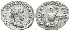 Roman Imperial Coins HERENNIUS ETRUSCUS (Caesar, 249-251). Antoninianus. Rome. Obv: Q HER ETR MES DECIVS NOB C. Radiate and draped bust right. Rev: PIETAS AVGVSTORVM. Emblems of the pontificate: asper