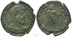 Roman Imperial Coins VALENTINIAN I (364-375). Ae. Nicomedia. Obv: D N VALENTINIANVS P F AVG. Pearl-diademed, draped and cuirassed bust right. Rev: RESTITVTOR REIPVBLICAE / SMNB. Valentinian standing f