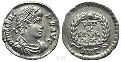 Roman Imperial Coins VALENS (364-378). Siliqua. Antioch. Obv: D N VALENS P F AVG. Pearl-diademed, draped and cuirassed bust right. Rev: VOT / X / MVL / XX / ANT. Legend in four lines within wreath. RI