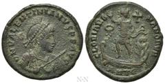 Roman Imperial Coins VALENTINIAN II (375-392). Ae. Antioch. Obv: D N VALENTINIANVS P F AVG. Helmeted, diademed, draped and cuirassed bust right, holding shield and spear. Rev: GLORIA ROMANORVM / (wrea