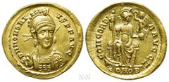 Roman Imperial Coins HONORIUS (393-423). GOLD Solidus. Constantinople. Obv: D N HONORIVS P F AVG. Diademed, helmeted and cuirassed bust facing slightly right, holding spear and shield decorated with h