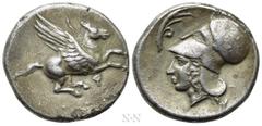 Greek Coins CORINTHIA. Corinth. Stater (Circa 400-375 BC). Obv: Pegasos flying right, wearing bridle with rein trailing above; koppa below. Rev: Head of Athena left, wearing Corinthian helmet; aphlast
