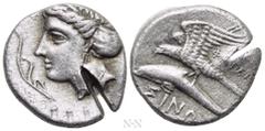 Greek Coins PAPHLAGONIA. Sinope. Drachm (Circa 330-300 BC). Phageta-, magistrate. Obv: Head of nymph left, with hair in sakkos; aphlaston to left. Rev: ΦΑΓΕΤΑ / ΣINΩ. Sea-eagle standing left, with win