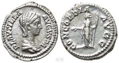 Roman Imperial Coins PLAUTILLA (Augusta, 202-205). Denarius. Rome. Obv: PLAVTILLA AVGVSTA. Draped bust right. Rev: CONCORDIA AVGG. Concordia standing left, holding patera and sceptre. RIC 363b (Caraca