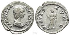 Roman Imperial Coins PLAUTILLA (Augusta, 202-205). Denarius. Rome. Obv: PLAVTILLA AVGVSTA. Draped bust right. Rev: PIETAS AVGG. Pietas standing right, holding sceptre and infant. RIC 367 (Caracalla). 