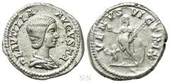 Roman Imperial Coins PLAUTILLA (Augusta, 202-205). Denarius. Rome. Obv: PLAVTILLA AVGVSTA. Draped bust right. Rev: VENVS VICTRIX. Venus standing left, holding apple and palm frond, and resting elbow u