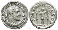 Roman Imperial Coins MAXIMINUS THRAX (235-238). Denarius. Rome. Obv: MAXIMINVS PIVS AVG GERM. Laureate, draped and cuirassed bust right. Rev: P M TR P II COS P P. Emperor standing left with spear, fla