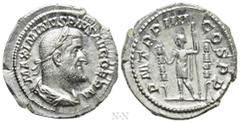 Roman Imperial Coins MAXIMINUS THRAX (235-238). Denarius. Rome. Obv: MAXIMINVS PIVS AVG GERM. Laureate, draped and cuirassed bust right. Rev: P M TR P IIII COS P P. Emperor in military dress standing 