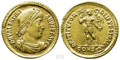 Roman Imperial Coins VALENTINIAN I (364-375). GOLD Solidus. Constantinople. Obv: D N VALENTINIANVS P F AVG. Pearl-diademed, draped and cuirassed bust right. Rev: RESTITVTOR REI PVBLICAE / CONS (wreath