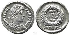 Roman Imperial Coins VALENS (364-378). Siliqua. Antioch. Obv: D N VALENS PER F AVG. Pearl-diademed, draped and cuirassed bust right. Rev: VOT / X / MVLT / XX / •AN(TA). Legend in four lines within wre