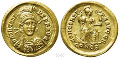 Roman Imperial Coins ARCADIUS (383-408). GOLD Solidus. Constantinople. Obv: D N ARCADIVS P F AVG. Helmeted and cuirassed bust facing slightly right, holding spear and shield decorated with horseman mo
