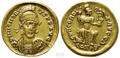 Roman Imperial Coins HONORIUS (393-423). GOLD Solidus. Constantinople. Obv: D N HONORIVS P F AVG. Diademed, helmeted and cuirassed bust facing slightly right, holding spear and shield decorated with h