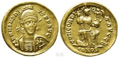 Roman Imperial Coins HONORIUS (393-423). GOLD Solidus. Constantinople. Obv: D N HONORIVS P F AVG. Helmeted and cuirassed bust facing slightly right, holding spear and shield decorated with horseman mo
