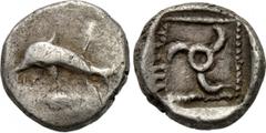 DYNASTS OF LYCIA. Uncertain dynast. Obol (Circa 500-440 BC). Obv: Dolphin left. Rev: Triskeles in beaded border