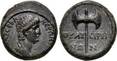 LYDIA. Thyateira. Nero (54-68). Ae (Circa AD 55-60). Obv: NEΡΩN KAYΔIOC KAICAP CEBA. Draped bust right. Rev: ΘYATEIPHNΩN. Labrys. RPC 2382. Condition: Extremely fine. Weight: 3.1 g. Diameter: 17 mm.