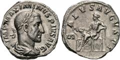 MAXIMINUS THRAX (235-238). Denarius. Rome. Obv: IMP MAXIMINVS PIVS AVG. Laureate, draped and cuirassed bust right. Rev: SALVS AVGVSTI. Salus seated left with patera, feeding snake coiled around altar.