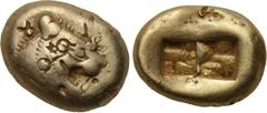IONIA or LYDIA. Uncertain. EL Trite (Circa 650-600 BC). Obv: Forepart of roaring lion left. Rev: Two square incuse punches. Weidauer 89. Condition: Fine. Weight: 4.6 g. Diameter: 14 mm.