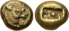 KINGS OF LYDIA. temp. Alyattes-Kroisos. EL Trite (610-546 BC). Obv: Head of roaring lion right; star on forehead. Rev: Two incuse square punches. Cf. SNG Kayhan 1013. Condition: Very fine. Weight: 4.7