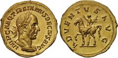 TRAJANUS DECIUS (249-251). GOLD Aureus. Rome. Obv: IMP C M Q TRAIANVS DECIVS AVG. Laureate and cuirassed bust right. Rev: ADVENTVS AVG. Emperor in military dress on horse galloping left; raising right