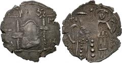 MICHAEL VIII PALAEOLOGUS (1261-1282). Silver Trachy. Constantinople. Obv: Empty throne on which rest the Gospels, a cross bearing the crown of thorns with, to left, a lance; to right, a sponge on a re
