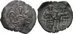 ANDRONICUS II with MICHAEL IX (1295-1320). Trachy. Constantinople. Obv: Half-length figure of St. Michael. Rev: Andronicus standing left and Michael standing right, holding patriarchal cross between t