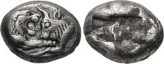 KINGS OF LYDIA. Kroisos (560-546 BC). 1/3 Siglos. Sardes. Obv: Confronted foreparts of bull right and lion left. Rev: Two square punches. Rosen 666. Condition: Very fine. Weight: 3.5 g. Diameter: 13 m