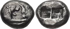 KINGS OF LYDIA. Kroisos (560-546 BC). Double Siglos. Sardes. Obv: Confronted foreparts of bull right and lion left. Rev: Two square punches. SNG Kayhan 1018. Condition: Fine. Weight: 10.2 g. Diameter: