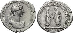 HADRIAN (117-138). Denarius. Rome. Obv: IMP CAES TRAIAN HADRIAN OPT AVG GER DAC. Laureate, draped and cuirassed bust right. Rev: PARTHIC DIVI TRAIAN AVG F P M TR P COS P P / ADOPTIO. Trajan and Hadria