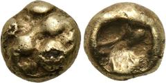 KINGS OF LYDIA. Alyattes (Circa 610-560 BC). EL 1/48th Stater. Milesian standard. Obv: Lion’s paw. Rev: Incuse punch. SNG Kayhan -; Rosen 301. Condition: Fine. Weight: 0.2 g. Diameter: 5 mm.