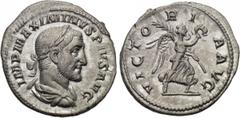 MAXIMINUS THRAX (235-238). Denarius. Rome. Obv: IMP MAXIMINVS PIVS AVG. Laureate, draped and cuirassed bust right. Rev: VICTORIA AVG. Victory advancing right with palm branch and wreath. RIC 16. Condi