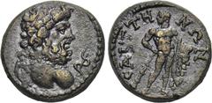 LYDIA. Saitta. Pseudo-autonomous issue. Ae (Time of Septimius Severus). Obv: Bust of Asklepios right, holding serpent-entwined staff, seen from behind, with slight drapery on far shoulder. Rev: CAITTH