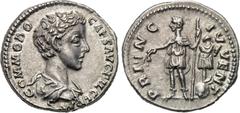 COMMODUS (177-192). Denarius. Rome. Obv: COMMODO CAES AVG FIL GERM. Draped bust right. Rev: PRINC IVVENT. Commodus standing left, in military dress, holding baton and spear; trophy to right. RIC 601. 
