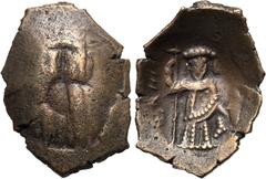 EMPIRE OF THESSALONICA. John Comnenus-Ducas (1237 - 1242). Trachy. Thessalonica. Obv: Brockage of reverse. Rev: Emperor standing facing, crowned, holding labarum and akakia. Sear 2214. Condition: Very