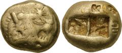 KINGS OF LYDIA. Time of Alyattes-Kroisos. EL Trite (610-546 BC). Obv: Head of roaring lion right; star on forehead. Rev: Two incuse square punches, several bankers' marks on reverse and edge. SNG Kayh