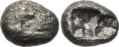KINGS OF LYDIA. Kroisos (560-546 BC). 1/6 Stater. Sardes. Obv: Confronted foreparts of lion and bull. Rev: Incuse punch. SNG Kayhan 1019. Condition: Fine. Weight: 1.3 g. Diameter: 10 mm.