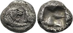KINGS OF LYDIA. Kroisos (560-546 BC). 1/12 Stater. Sardes. Obv: Confronted foreparts of lion and bull. Rev: Incuse punch. SNG Kayhan 1020. Condition: Very fine. Weight: 0.8 g. Diameter: 9 mm.