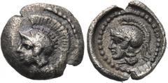 LYCIA. Xanthos. Hemiobol or Tetartemorion (Circa 410-400 BC). Obv: Helmeted head of Athena left within dotted border. Rev: Helmeted head of Athena left within dotted border. SNG von Aulock -; cf. BMC 