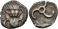 DYNASTS OF LYCIA. Perikles (Circa 380-360 BC). 1/3 Stater. Obv: Facing lion’s skalp. Rev: Triskeles. SNG v. Aulock 4254. Condition: Near extremely fine. Weight: 2.5 g. Diameter: 15.5 mm.