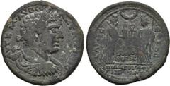 LYDIA. Sardes. Caracalla (198-217). Ae. Obv: AYT K M AYP CEYH ANTΩNEINOC. Laureate, draped and cuirassed bust right. Rev: CΑΡΔΙC / ΕΦΕCΟC / ΟΜΟΝΟΙΑ / ΕΠΙ ΑΝ ΡΟΥΦΟΥ / ΑΡΧΟΝΤ Α / ΤΟ Γ. Tyche of Sardis a