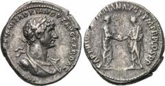 HADRIAN (117-183). Denarius. Rome. Obv: IMP CAES TRAIAN HADRIAN OPT AVG GER DAC. Laureate and cuirassed bust right. Rev: PARTHIC DIVI TRAIAN AVG F P M TR P COS P P. Trajan standing right, presenting g