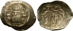 ISAAC II ANGELUS (1185-1195). EL Aspron Trachy. Constantinople. Obv: MP - ΘV. Figure of the Theotokos (Virgin Mary) seated facing on throne. Rev: ICAAKIOC ΔEC / O / X/AP/X/M. Emperor standing facing, 
