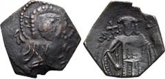 LATIN RULERS OF CONSTANTINOPLE. Small module trachy. Constantinople. Obv: Bust of Christ facing, beardless and nimbate. Rev: MANOVHΛ ΔECΠOTHC. Full-length figure of emperor facing, wearing stemma, div