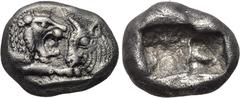 KINGS OF LYDIA. Kroisos (560-546 BC). 1/6 Stater. Sardes. Obv: Confronted foreparts of lion left and bull right. Rev: Two square punches. SNG Kayhan 1019. Condition: Very fine. Weight: 1.8 g. Diameter